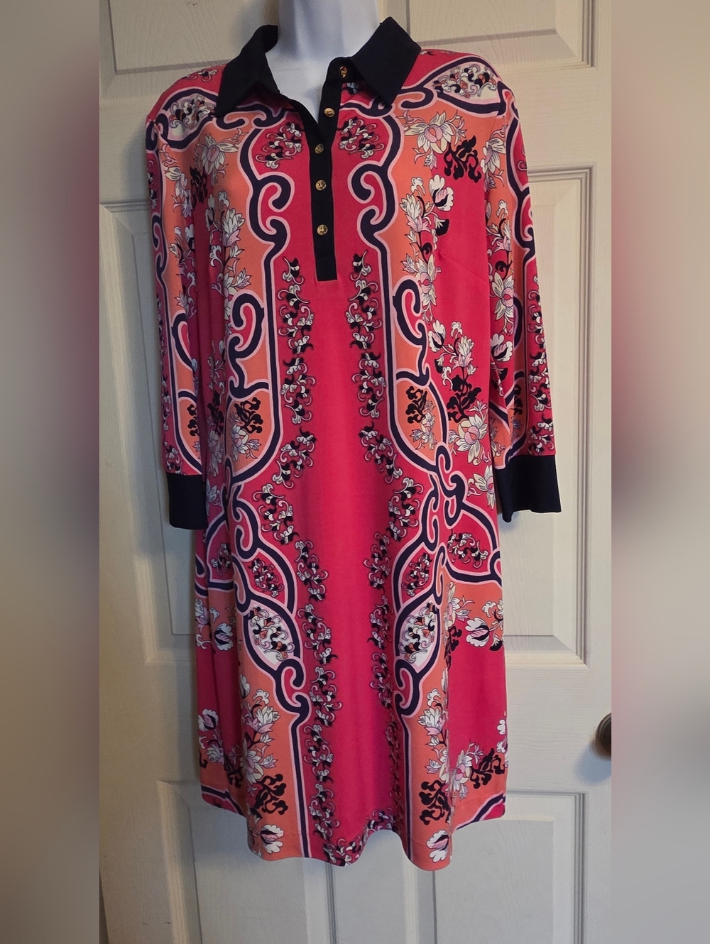 Ali & Ro Pink Floral Print Polo Dress with Black Trim Size 10